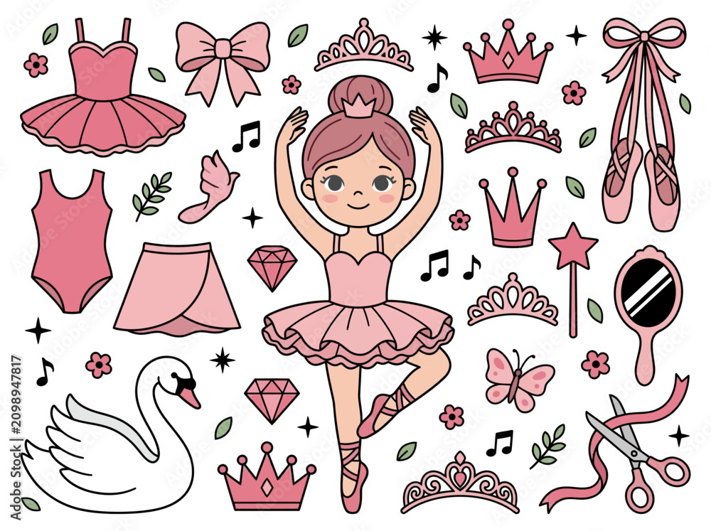 Obraz premium Cute Pink Ballerina and Ballet Accessory Vector Set