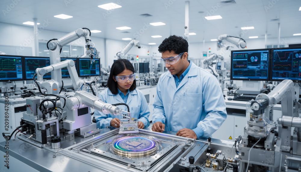 Naklejka premium Two young Asian engineers in lab coats and safety glasses supervising a high precision automated robotic arm handling microchips inside a modern high tech manufacturing facility