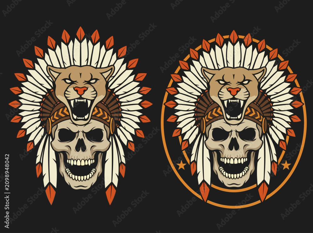 Fototapeta premium Vintage skull with Native American headdress and cougar mascot illustration