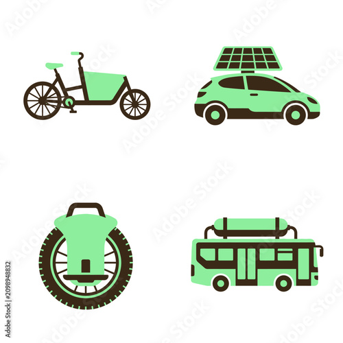 Eco friendly transportation vehicles icons.