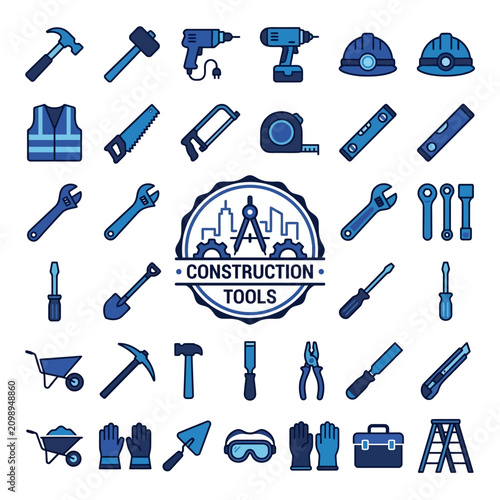 Construction tools icons set blue.
