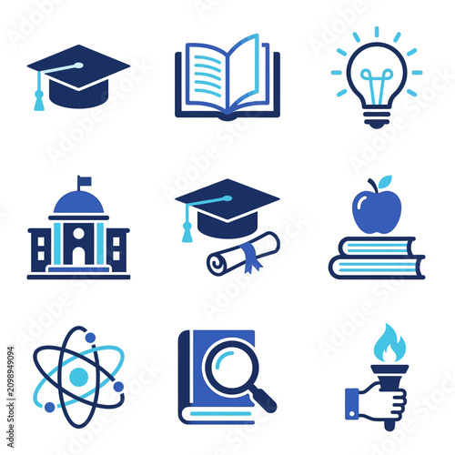Education icons with graduation cap.