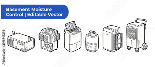 Foto Dehumidifier vector line art icons for basement moisture control and home humidity regulation, featuring various industrial and portable air dryer equipment models on white background
