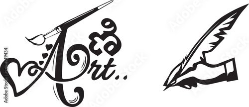 Artistic calligraphy text with paintbrush and heart, hand holding quill pen vector, creative writing and painting logo elements