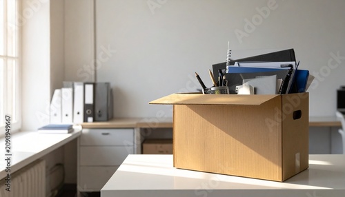 A cardboard box filled with office supplies sits on a desk in an empty office. The box contains files, folders, pens, and other stationery. This image symbolizes change, transition.