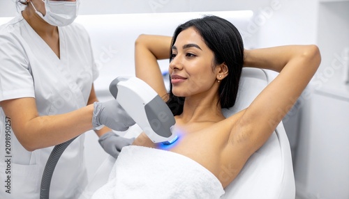 A woman undergoing a laser hair removal treatment on her chest. She is lying down on a table in a white room, wearing a medical gown. A technician in scrubs and a mask is operating the laser device
