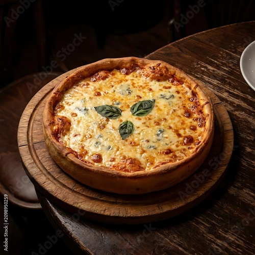 Fresh baked deep dish cheese pizza on wooden board.