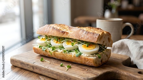 Fresh baguette sandwich with egg and microgreens.
