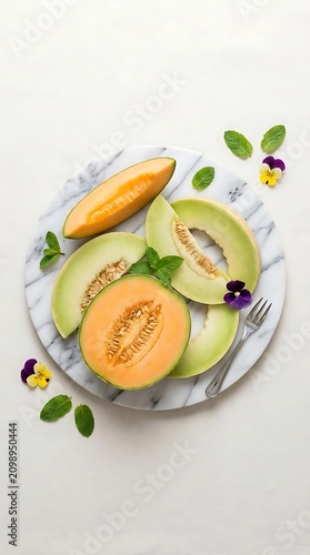 Fresh cantaloupe and honeydew melon slices on marble plate.