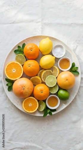 Fresh citrus fruit platter with seasoning and oil.
