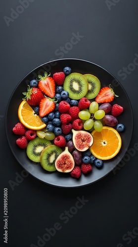 Fresh cut mixed fruits in black ceramic bowl.