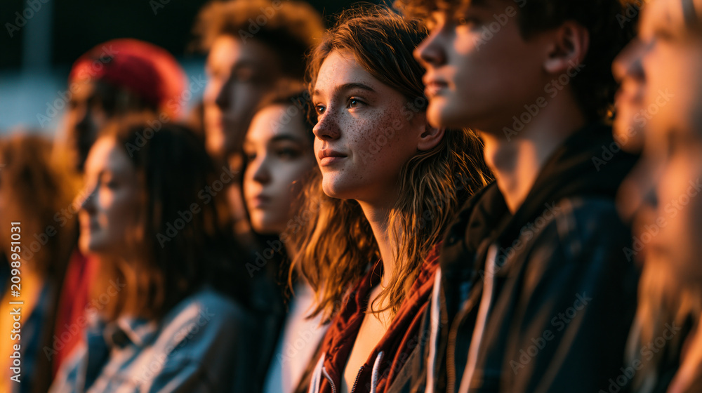 Fototapeta premium teenagers waiting before pop concert, excited teenage friends before music event, youthful fans gathering outside concert venue