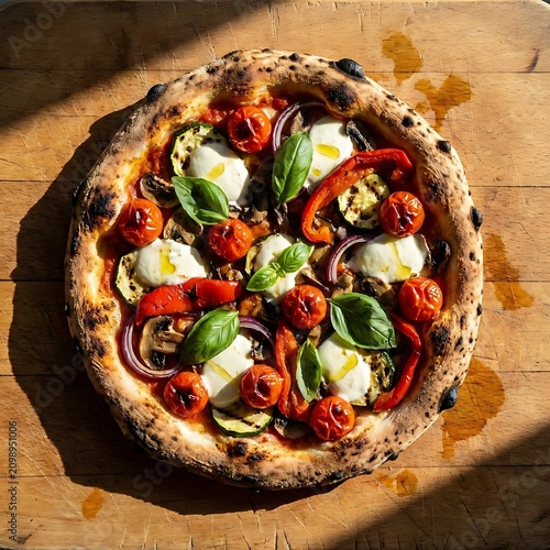 Freshly baked artisan pizza with tomatoes and basil.