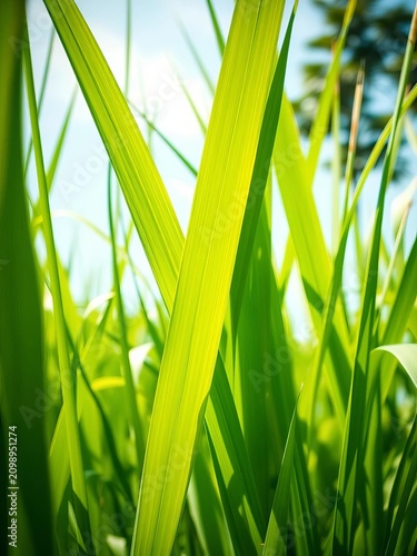 Lush green blades of lemon grass sway gently in the breeze, soft focus, calming