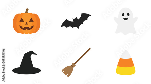 Set of cute halloween icons with pumpkin bat ghost witch hat broom and candy corn Vector