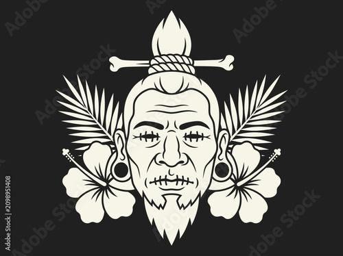 Cuadro en lienzo Tribal shrunken head illustration with tropical flora and stitched features