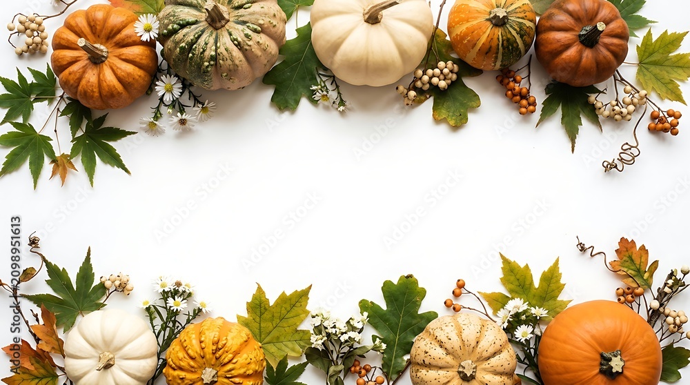 Obraz premium Autumn harvest pumpkins and fall leaves arranged in a festive border, isolated on transparent background. Seasonal.