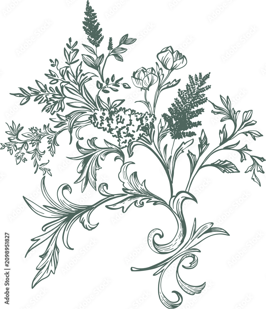 Fototapeta premium Toile de Jouy is a bouquet (arrangement) of isolated tropical plants in a vintage French style. This monochrome illustration is perfect for wedding designs, birthdays, branding, interior design