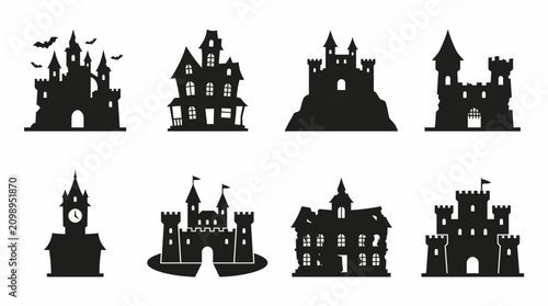 Set of black silhouettes of haunted castles and old manor houses for halloween design Vector
