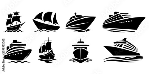 Schilderij op canvas boat and sailboat silhouette icons featuring yachts, speedboats, fishing boats,