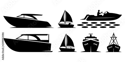 Foto boat and sailboat silhouette icons featuring yachts, speedboats, fishing boats,