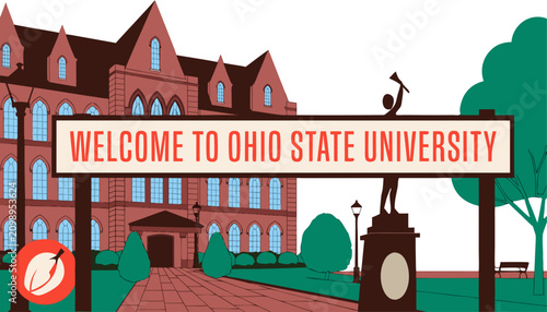 Very beautiful realistic vector illustration of The Ohio State University entrance featuring a bold welcome sign reading 