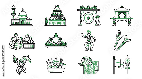 Bild auf Leinwand Indonesia Culture Icons: Mosque, Food, Music, Dance, Weapons, and Tradition
