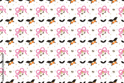 Colorful butterfly pattern with pink bows. Whimsical insect design with ribbons.