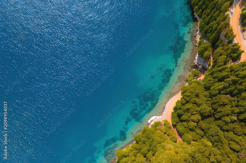 Fototapeta premium Top view of a secluded coastal pathway along vibrant forest edge and crystal clear sea