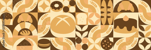 Bread. Pastries Geometric Banners designs. Mosaic seamless pattern of bakery. Abstract background. Bread icons with simple shapes for Label, cover, price tag, background.