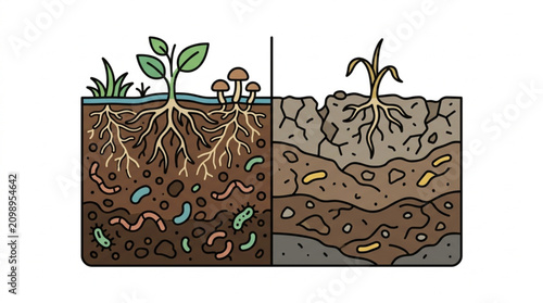 Photos Healthy Soil Versus Unhealthy Soil Cross Section Illustration.