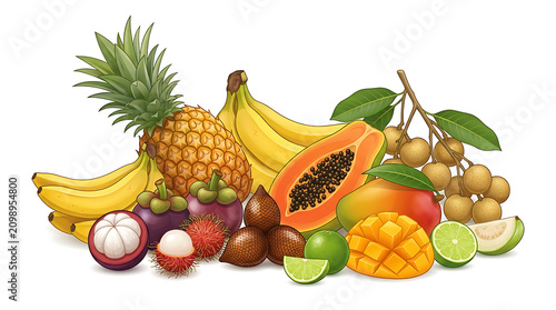 Assorted Fresh Tropical Fruits Composition Featuring Pineapple Banana Papaya Mango and Exotic Mangosteen for Healthy Diet and Nutrition