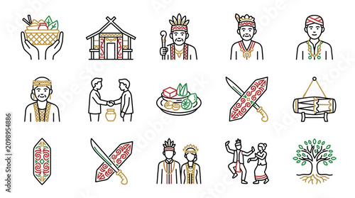 Foto Traditional Indonesian Culture Icons: People, Dance, Food, Symbols & Village Hou