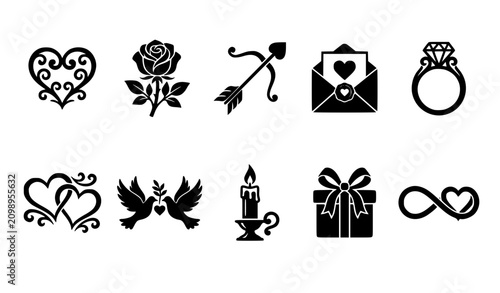 Fotografía Decorative Love and Romance Black Icon Set with Hearts and Affection Symbols
