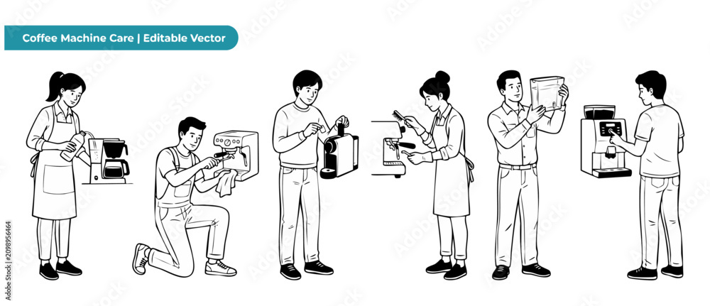 Obraz premium Coffee machine cleaning maintenance vector line art illustration set of people repairing, servicing, descaling and washing espresso makers, automatic coffee brewers, capsule machine care concept sets.