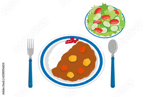 Schilderij op canvas まるいお皿に盛られたカレーライスと野菜サラダのベクターイラストセット