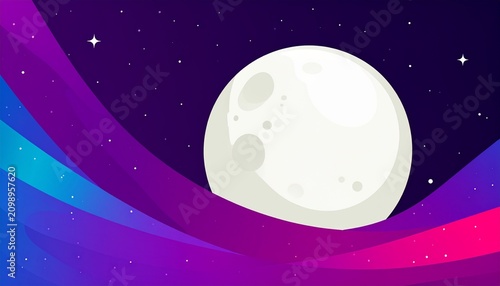 Glowing full moon in deep purple cosmic space.