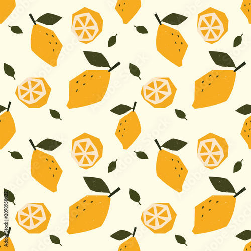 Naive seamless lemon pattern with hand drawn citrus slices and leaves in Scandinavian folk art style.