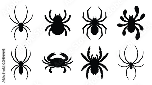 Set of black spider silhouettes and a crab icon collection for halloween design Vector