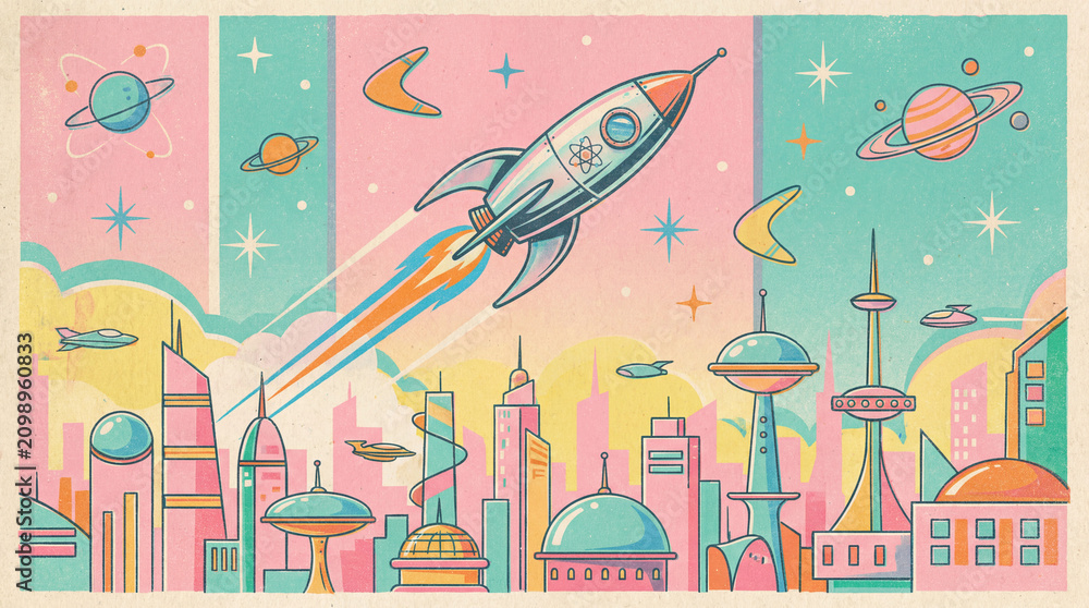 Fototapeta premium Retro-Futuristic Cityscape with Rocket Launch