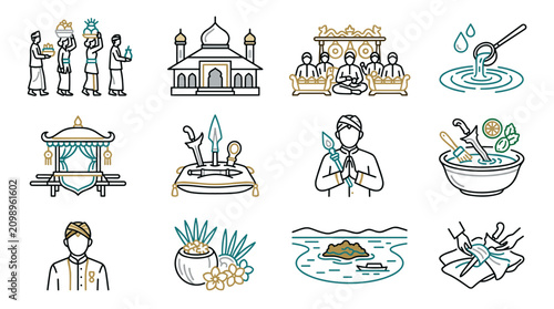 Indonesian Wedding Traditions Line Art Icons Set: Rituals, Symbols, and Cultural Elements