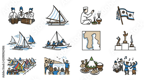 Photos Cultural Celebration Icons: Music, Boats, Prayer, Flags, Map, Awards, Village, P