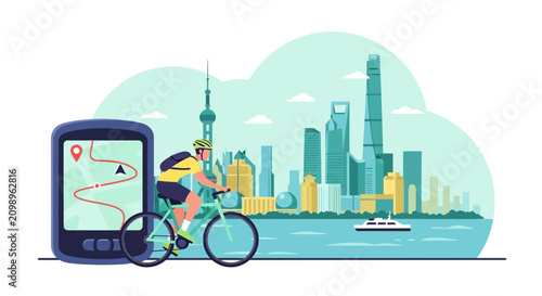 Electric cargo tricycle delivering goods in futuristic city.