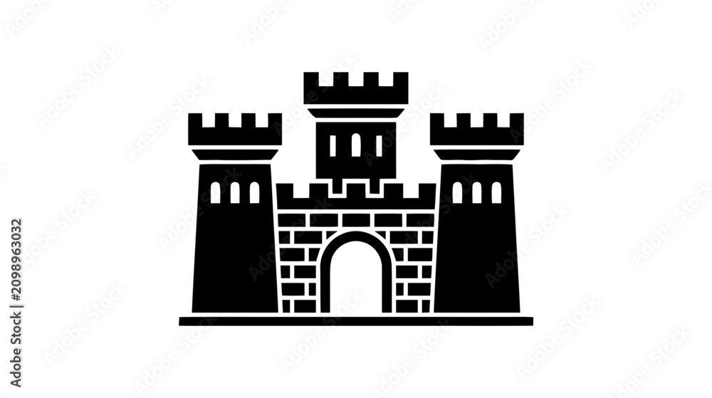 Fototapeta premium Vector illustration of black and white icon of a medieval castle fortress with towers and gate on a transparent background