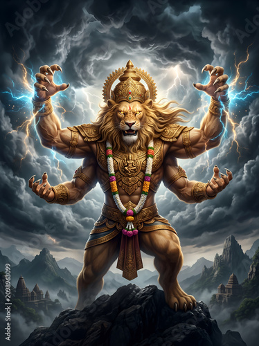 Lord Narasimha Standing in Ancient Temple with Divine Golden Aura, Hindu God Illustration