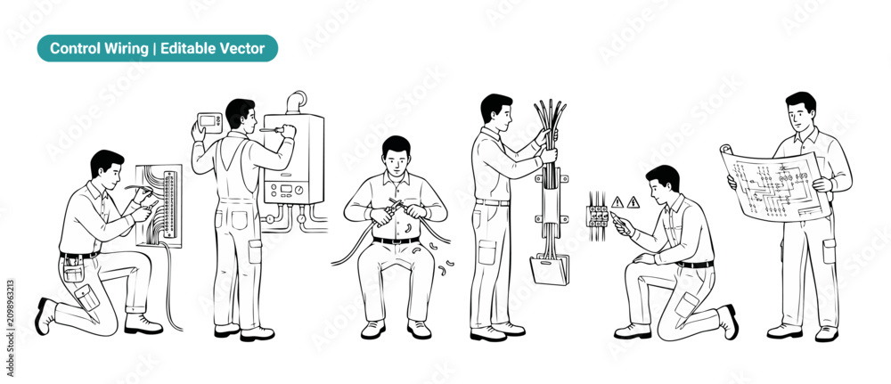 Obraz premium Electrician wiring technician vector illustration set featuring workers installing electrical control panels, servicing heating boiler HVAC systems, and reading blueprint schematics in line art style.