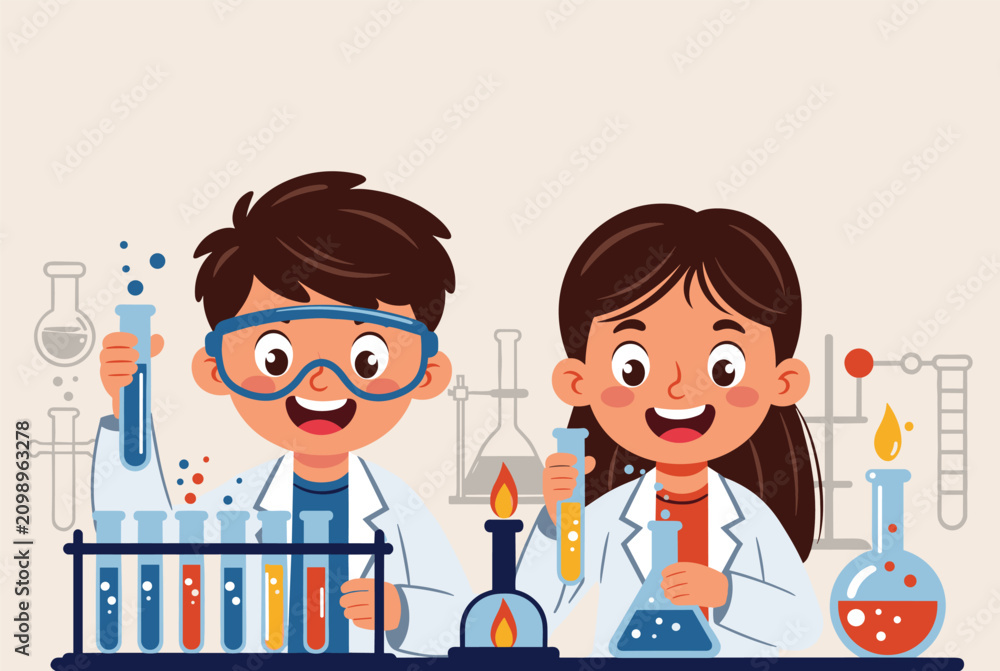 Fototapeta premium Two young children wearing white lab coats and goggles performing a fun chemistry experiment with colorful solutions in a science class.