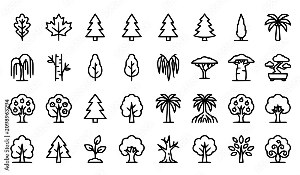 Fototapeta premium Tree Outline Icon Collection with Pine, Palm, Willow and Forest Nature Illustration Set