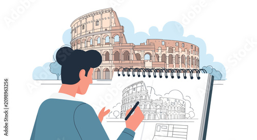 Man in blue shirt pointing at architectural blueprint with pencil.
