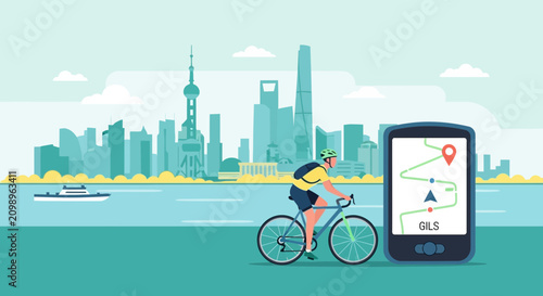 Modern city commuter cycling along waterfront with skyline backdrop.